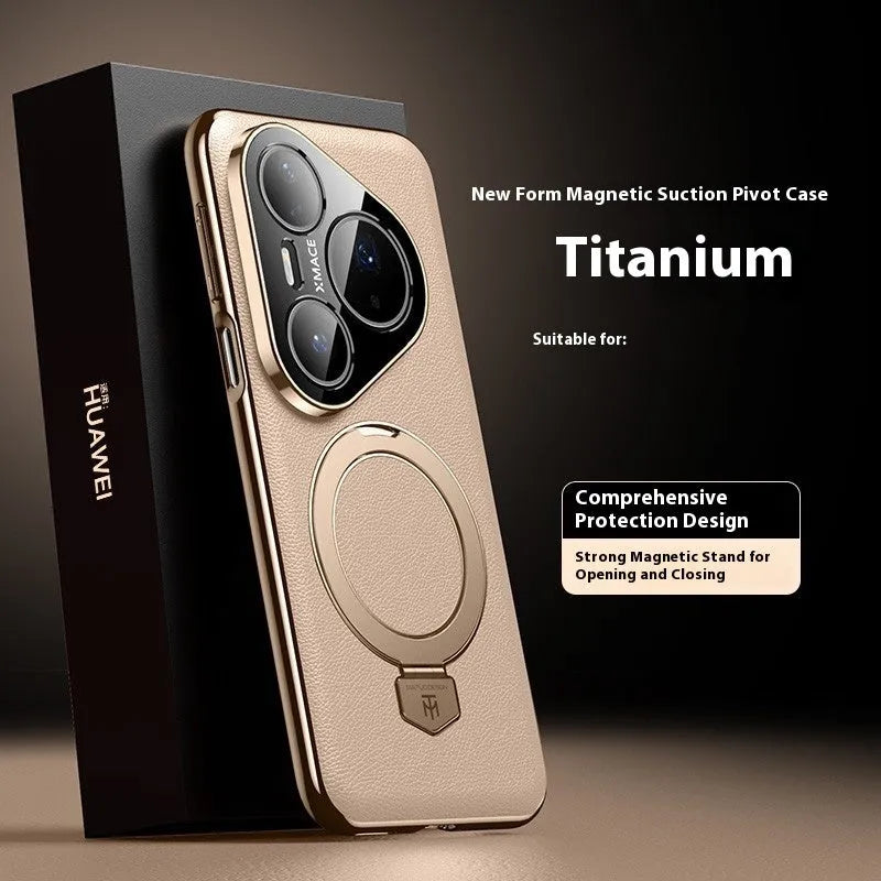 Magnetic rotating bracket phone case for Huawei Pura 70/80 in Obsidian Black frosted feilin leather with fall protection