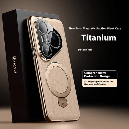 Magnetic rotating bracket phone case for Huawei Pura 70/80 in Obsidian Black frosted feilin leather with fall protection