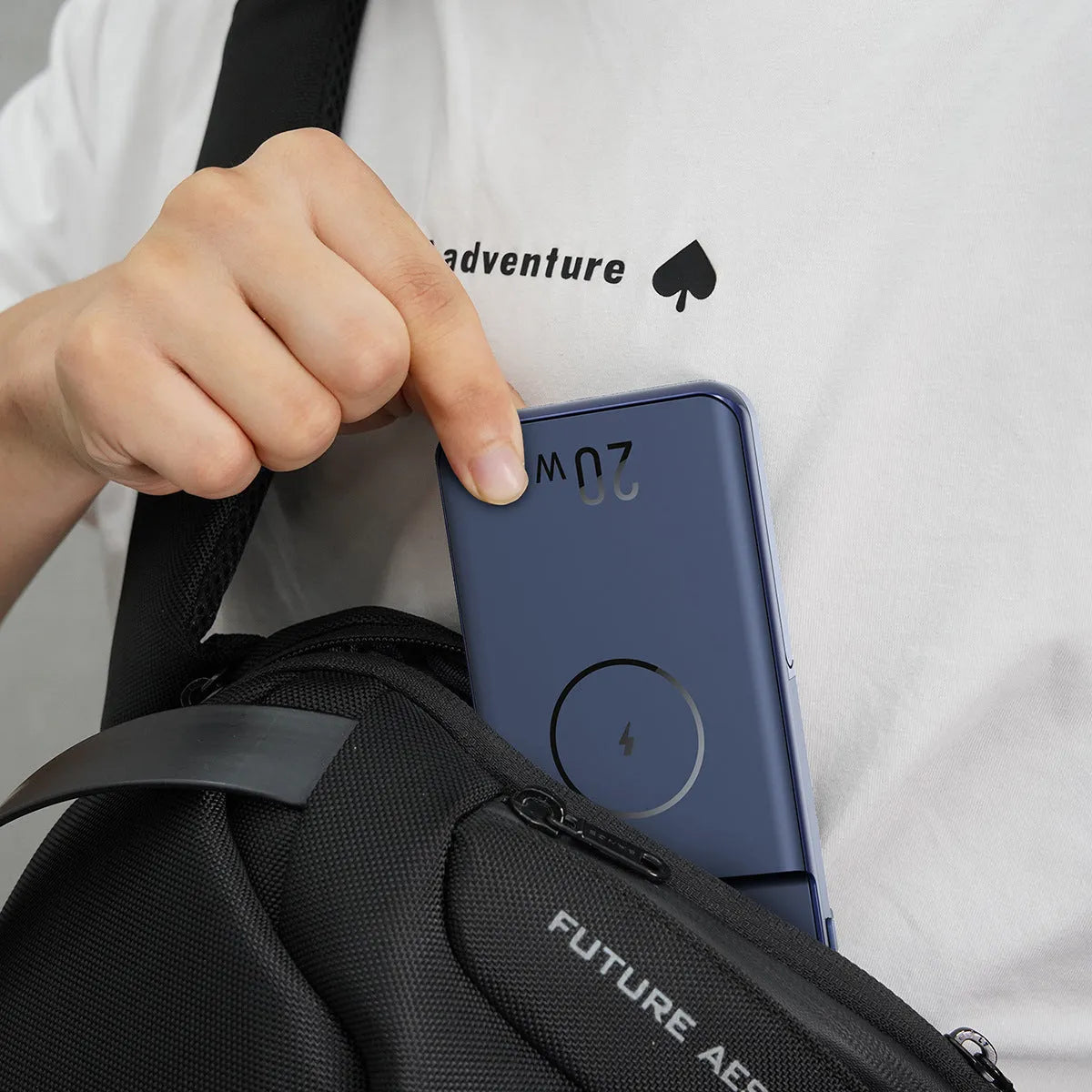 Black industrial style magnetic wireless power bank with 10000mAh capacity and bracket design