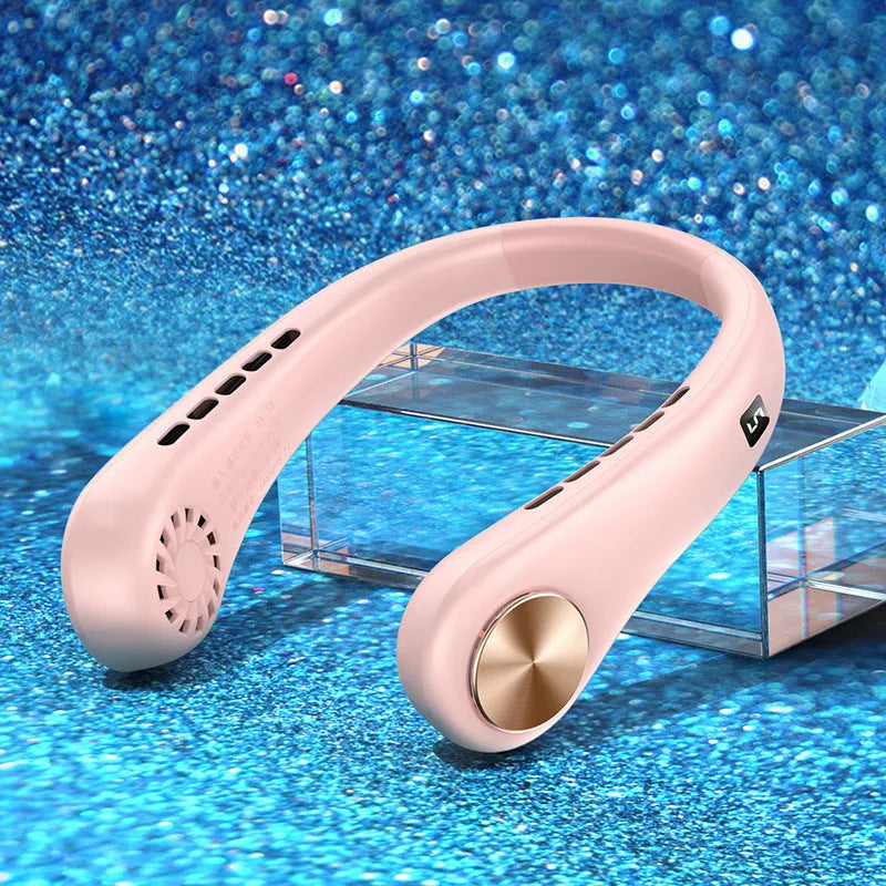 White bladeless hanging neck fan showing the annular air outlet and USB charging port.