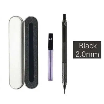 Metal automatic mechanical pencil showing multiple lead diameter options including 0.5 mm, 0.7 mm, 0.9 mm, 1.3 mm, and 2.0 mm