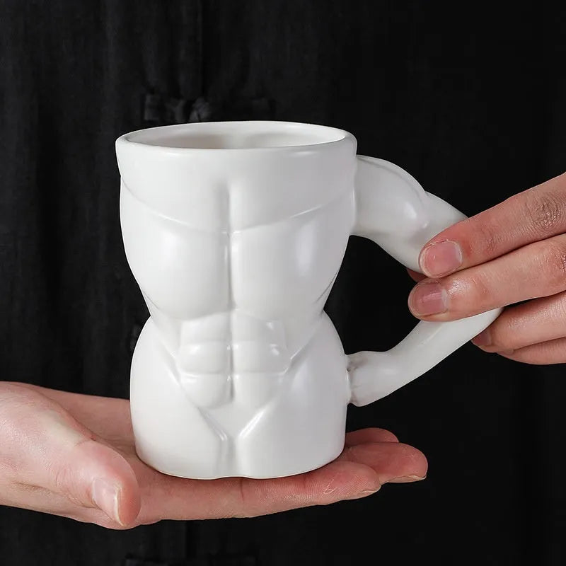 Men's mug muscle design ceramic coffee cup 300ml capacity creative gift for gym enthusiasts, available in matte black, matte white, gold, silver, and dual-tone black glaze options