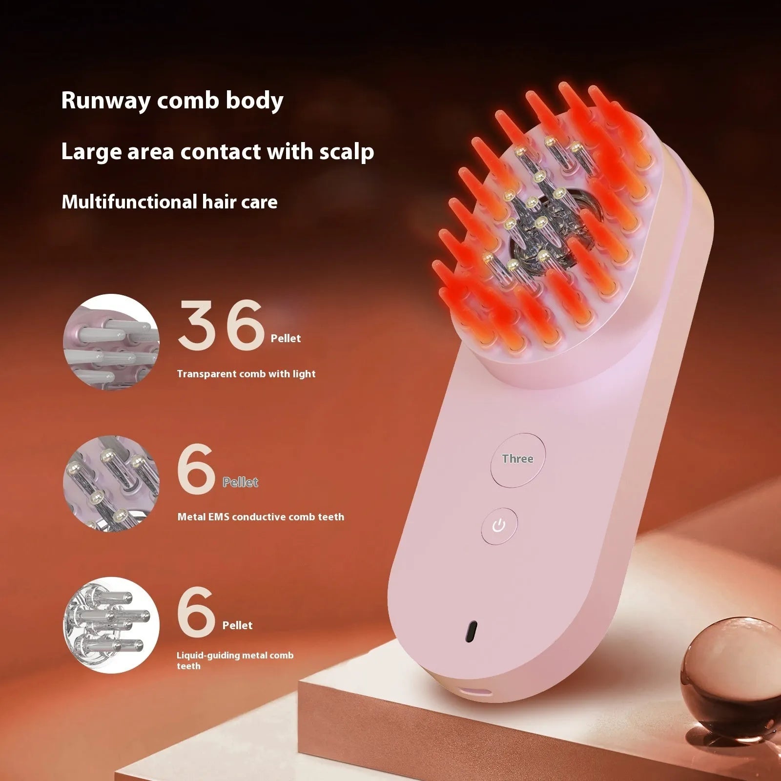 Smart massage comb with red light therapy for head care in pink or black colour options