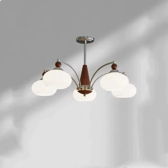 Persimmon glass chandelier with chrome frame in Middle Ancient style, shown with multiple glass shades.