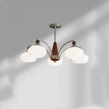 Persimmon glass chandelier with chrome frame in Middle Ancient style, shown with multiple glass shades.