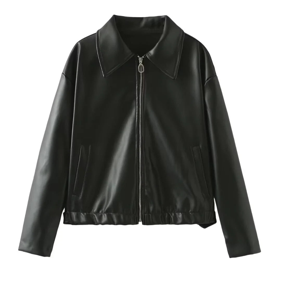 A stylish faux leather jacket with a zipper closure and lapel, available in burgundy and black colors.
