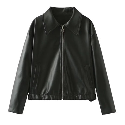 A stylish faux leather jacket with a zipper closure and lapel, available in burgundy and black colors.