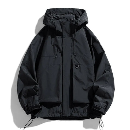 Men's black windproof waterproof hooded coat with polyester fibre, regular length, long sleeves, sizes up to 8XL