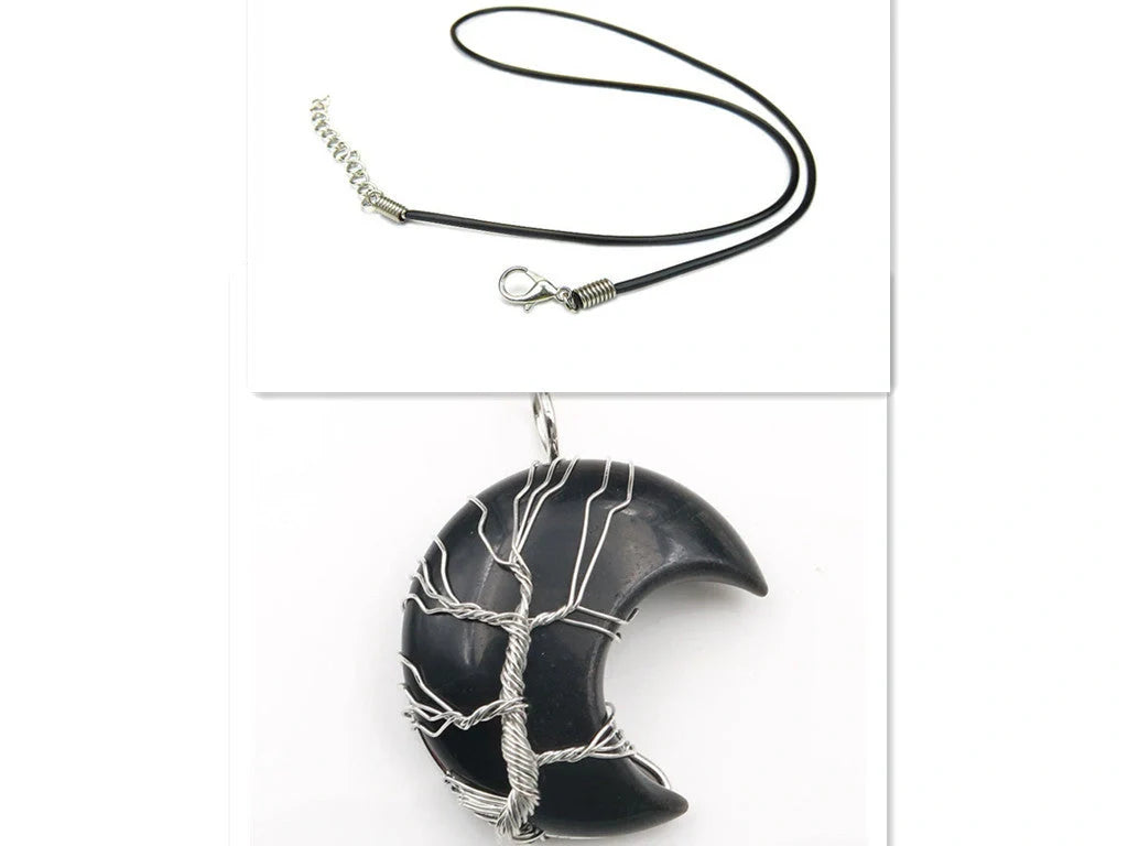 Handmade moon-shaped Tree of Life pendant necklace in natural crystal stone