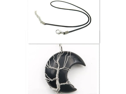 Handmade moon-shaped Tree of Life pendant necklace in natural crystal stone