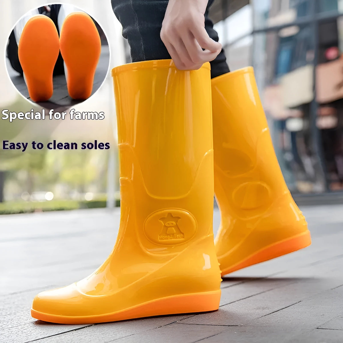 Plastic washable rain boots in white and yellow colours showing high tube Wellington-style design