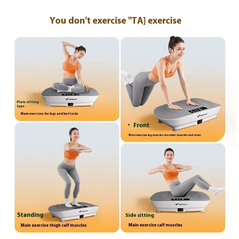 Grey portable vibration plate on a wooden floor, showing its slim 16cm profile and textured platform surface.