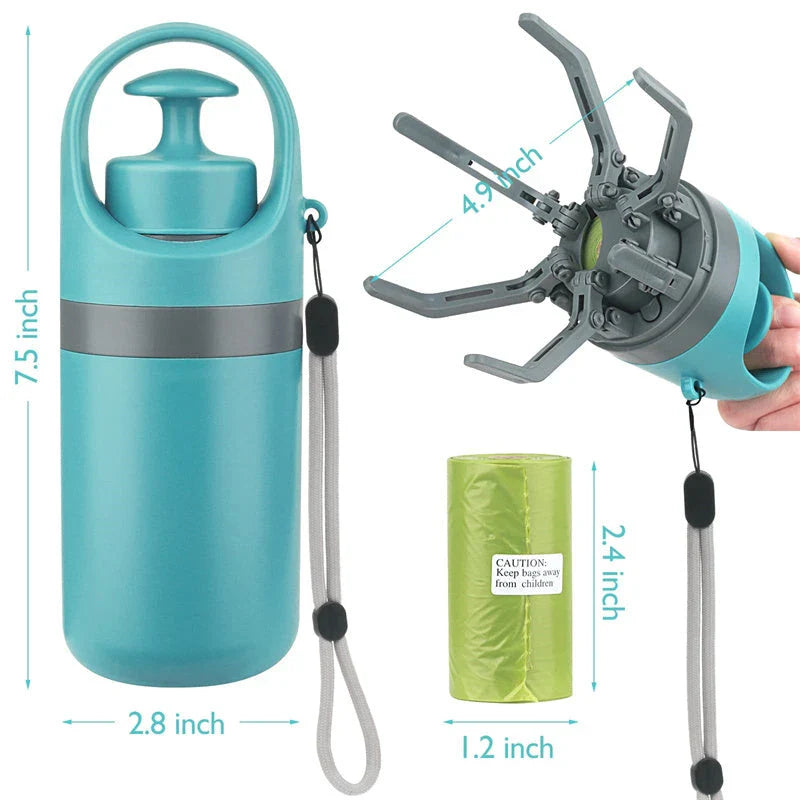 Portable dog poop scooper with claw mechanism and built-in bag dispenser for effortless pet waste cleanup