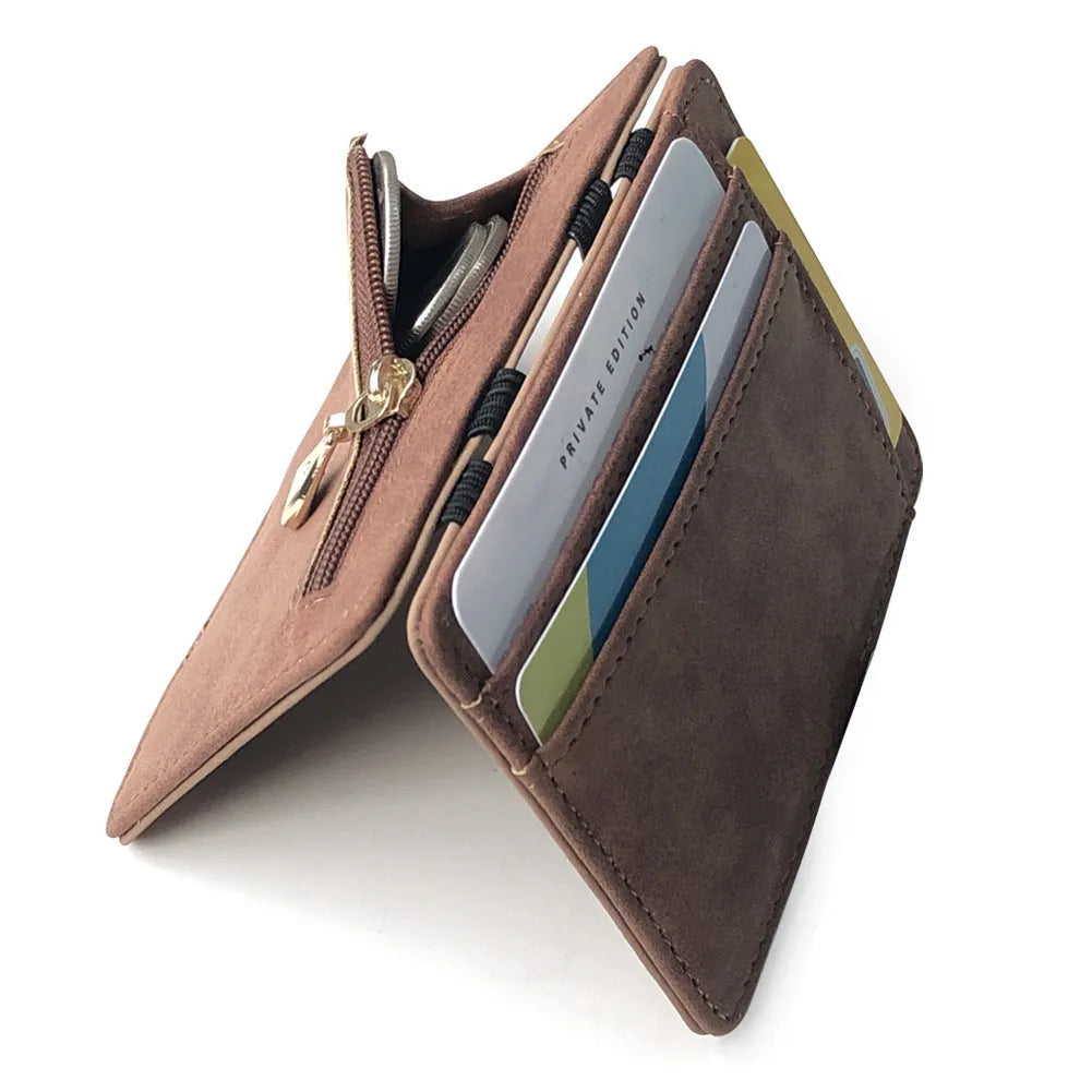 Korean style matte leather magic wallet showing horizontal square design and coin pocket