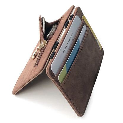 Korean style matte leather magic wallet showing horizontal square design and coin pocket