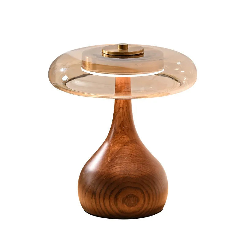 Solid wood Japanese retro style bedside lamp with a cognac-coloured hood on an ash wood base.