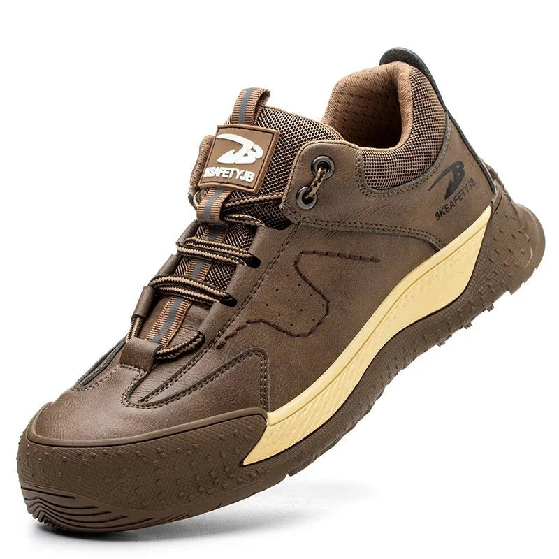 Flyknit work safety shoes with leather upper and rubber sole in multiple colour options
