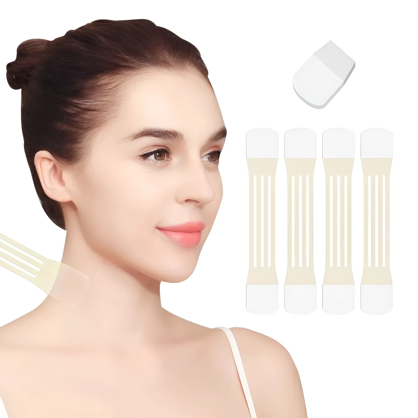 Neck firming adhesive tape patches in skin tone with four packs containing twenty patches total
