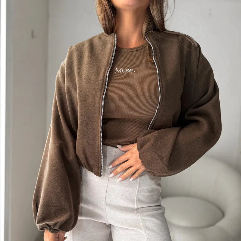 Brown women's loose casual jacket with off-shoulder neck and long lantern sleeves.