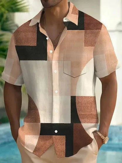 Men's retro geometric printed short sleeve cardigan shirt in loose fit style