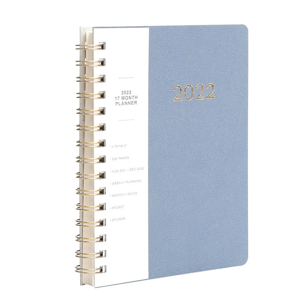 2022 week planner notebook with PU leather cover and coil binding, showing month grid pages