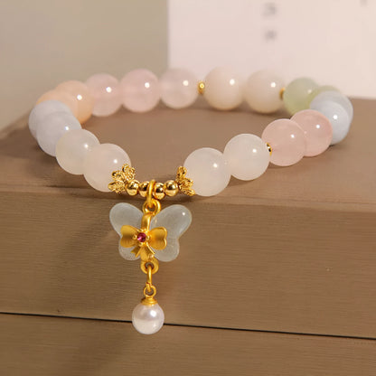 Original design women's bracelet with colourful morganite butterfly pendant made from crystal and jade.