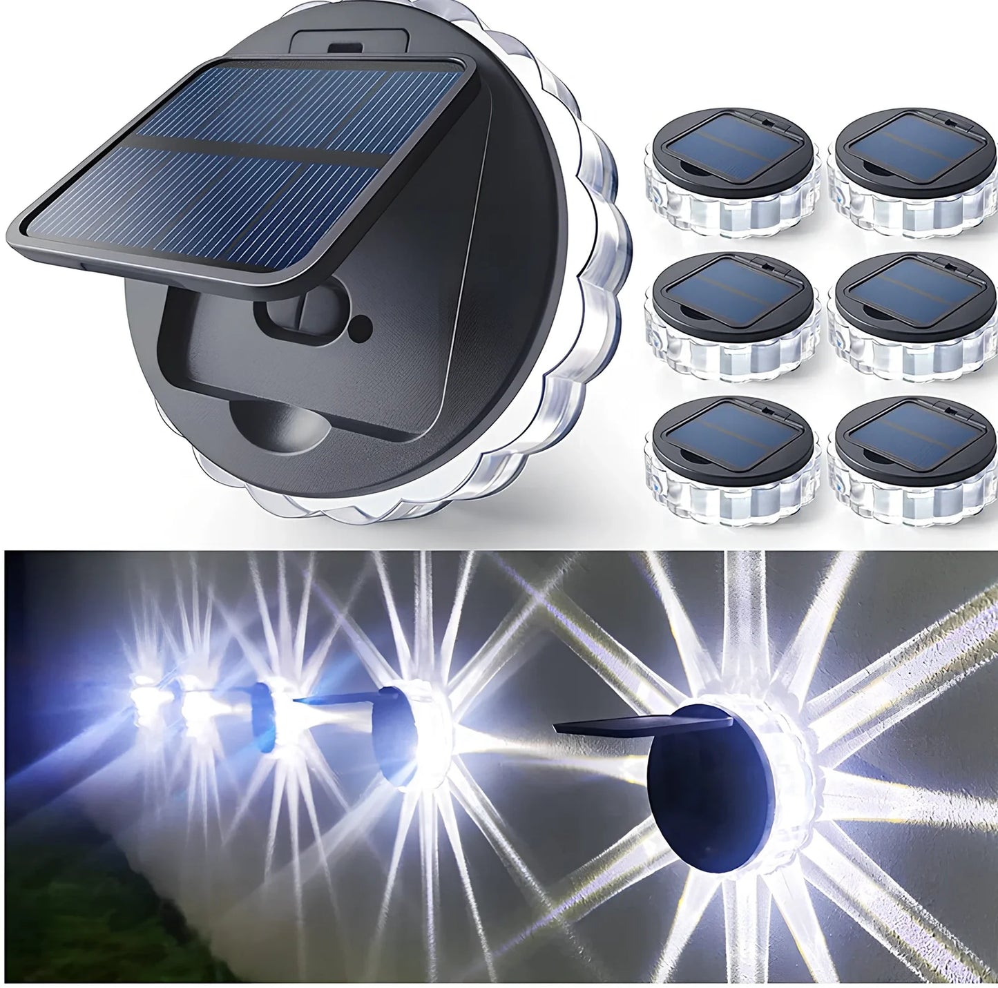 Circular solar garden wall light with 9 LED bulbs and intelligent light control for outdoor fencing