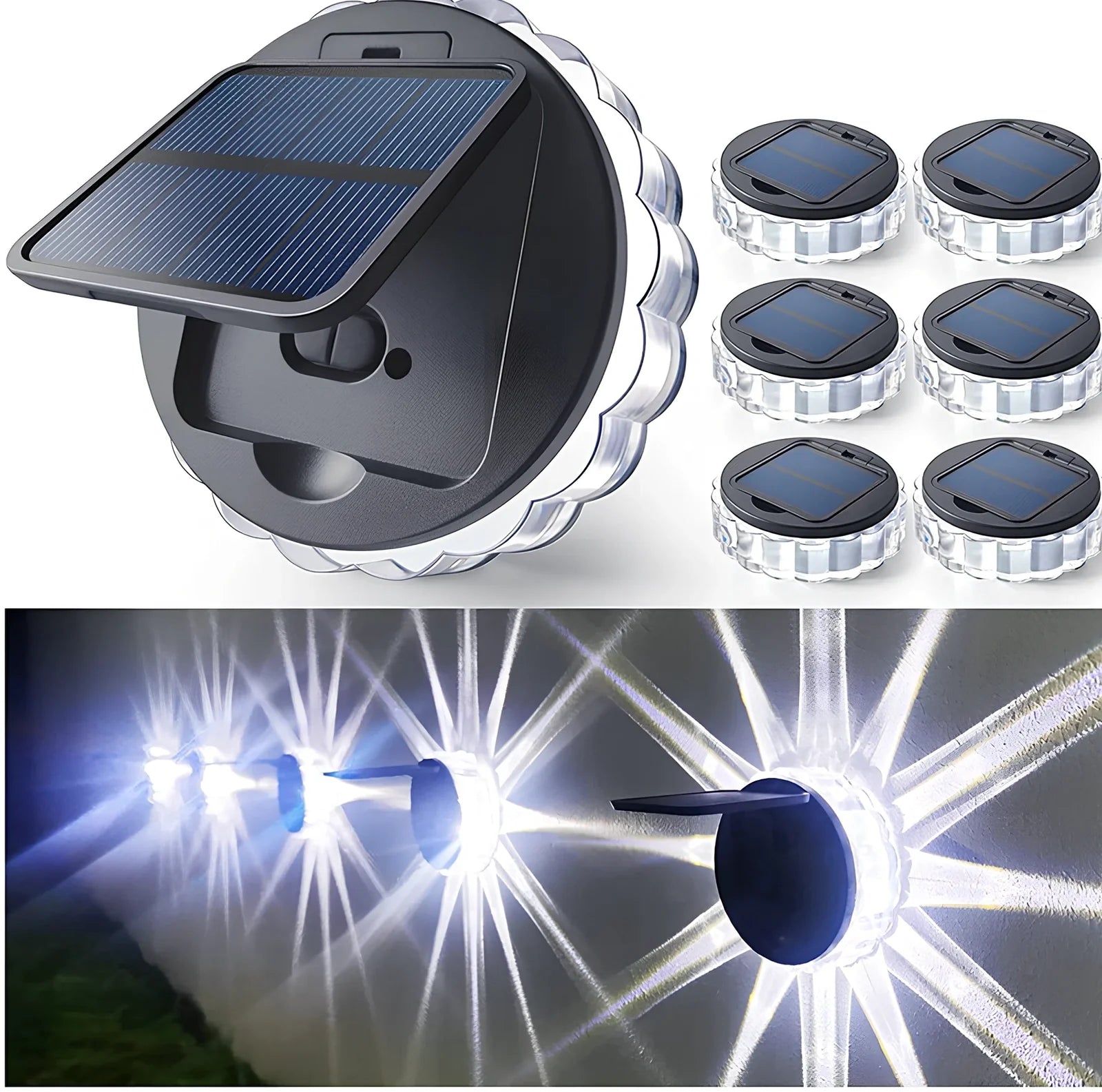 Circular solar garden wall light with 9 LED bulbs and intelligent light control for outdoor fencing