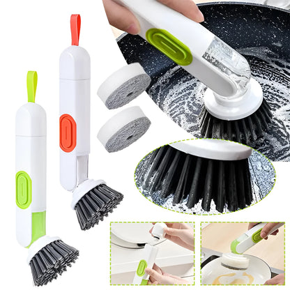 White and red long-handle kitchen brush with soap dispenser button and two interchangeable scrub heads on a hook.
