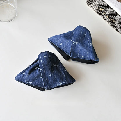 Korean style embroidered denim barrette shark clip in dark blue and smalt colours for women's updos.