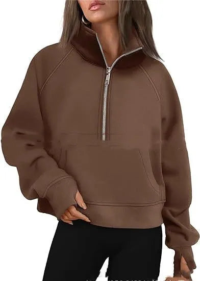 Women's loose lapel fleece-lined sweater in a solid colour with raglan long sleeves.