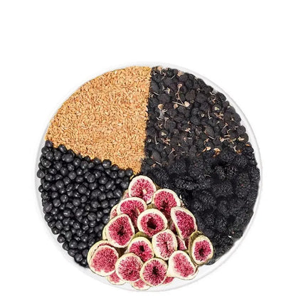 Flaxseed fig mulberry herbal tea sachets with black wolfberry in packaging with free travel cup