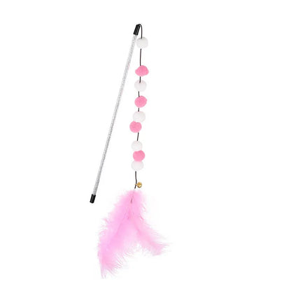 Blue cat teaser stick toy with a bell and a grey feather pompon, shown next to a grey and yellow version.