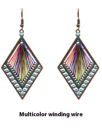 Bohemian geometric alloy earrings with colourful gold thread hand-woven detail, women's quadrilateral design, one pair