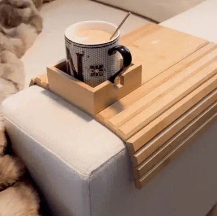 Bamboo sofa tray with cup holder on sofa, 45cm length natural wood surface