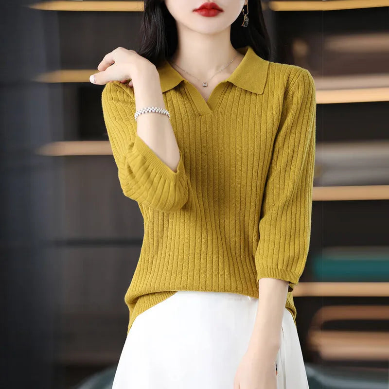 Women's loose slimming inner sweater with stripe pattern, long sleeves and pullover style, sizes S-2XL