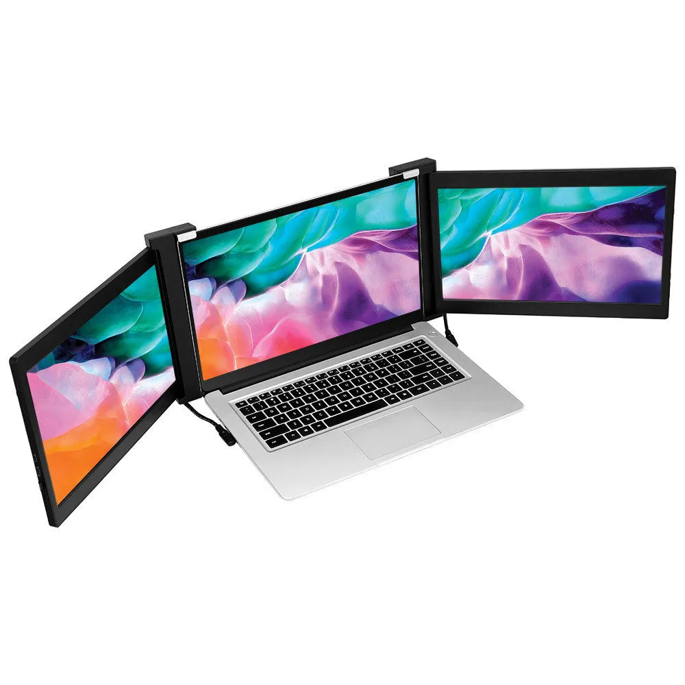 Black portable dual screen monitor with two 12.2 inch displays showing connected laptop and smartphone