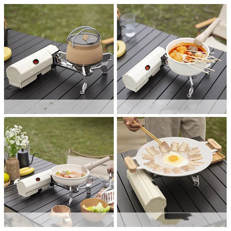 Green folding camping gas stove with serrated pot bracket, showing 25cm size next to butane canister