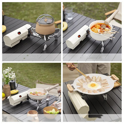 Green folding camping gas stove with serrated pot bracket, showing 25cm size next to butane canister