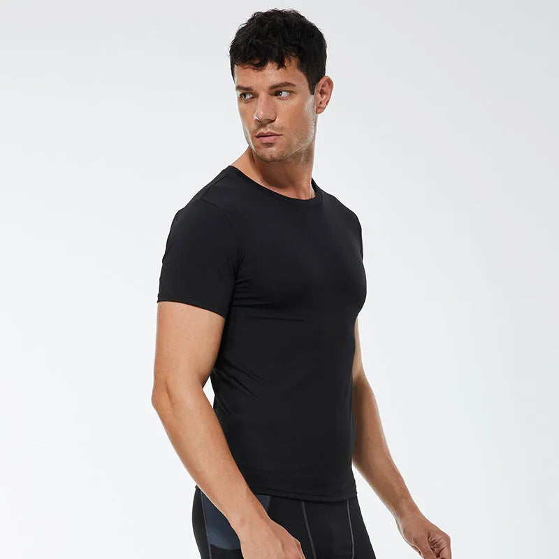 Men's stretch quick drying short-sleeved polyester fitness shirt in multiple colour options