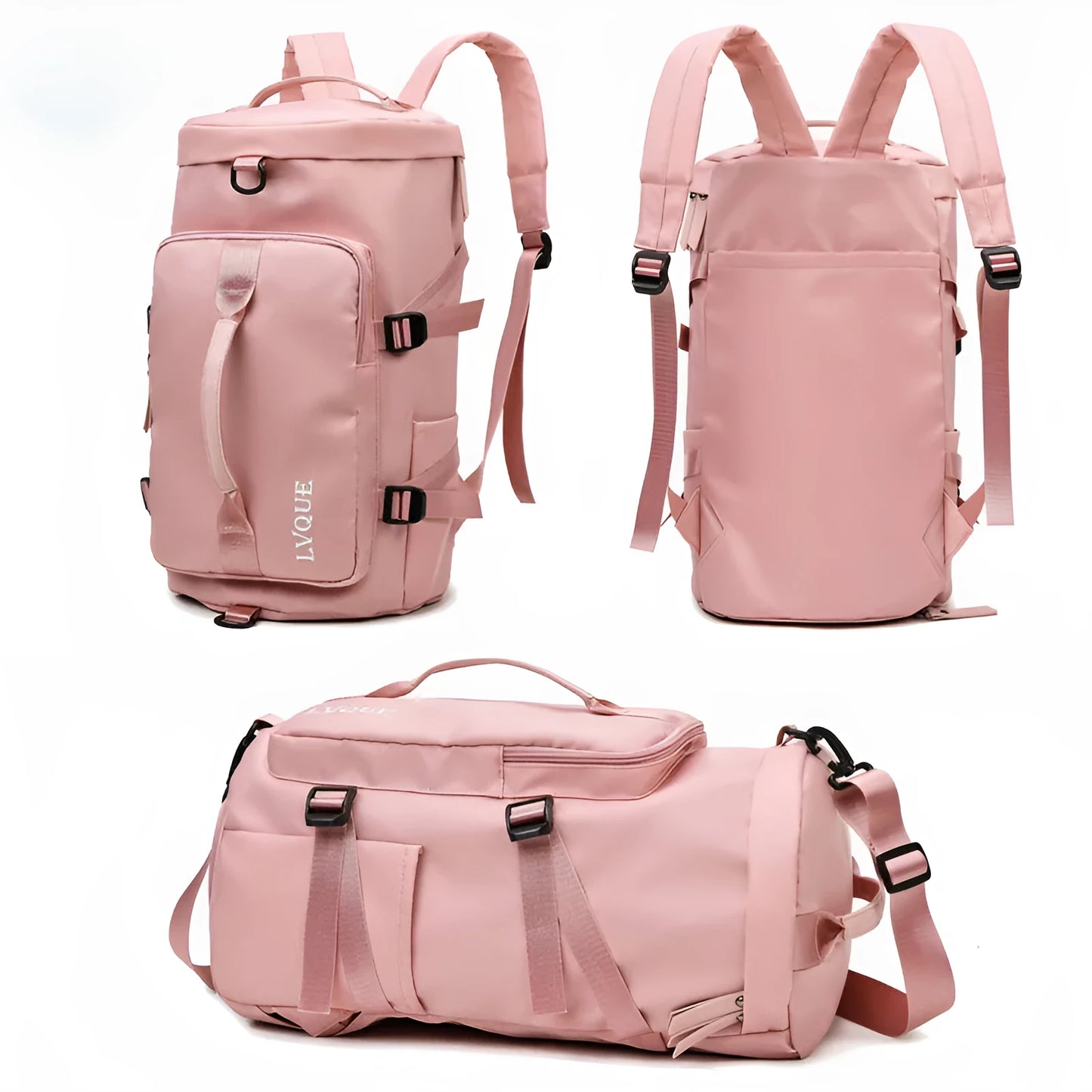 Black waterproof 3-in-1 convertible nylon backpack showing shoe compartment and combination lock.