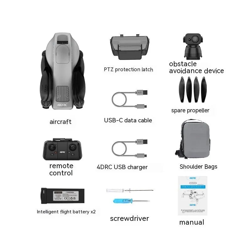 White folding quadcopter drone with camera and obstacle avoidance sensors, remote control, and shoulder bag.