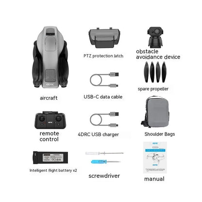 White folding quadcopter drone with camera and obstacle avoidance sensors, remote control, and shoulder bag.