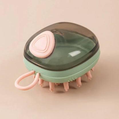 Blue and green pet bath brush with silicone bristles and a shampoo dispenser bottle in hand.
