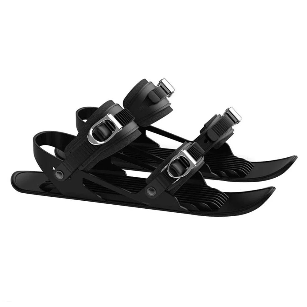Adjustable snowshoeing mini skates with durable nylon soles, reinforced TPU laces, and customizable metal buckles for a secure fit across a wide range of shoe sizes