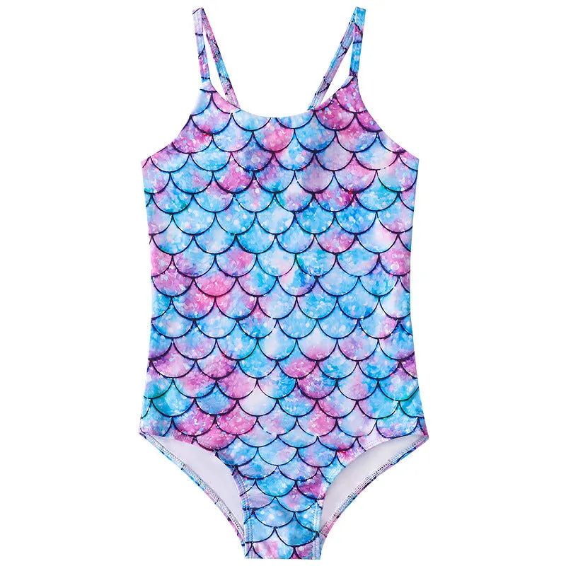 Children's mermaid one-piece swimsuit for girls in polyester with high elasticity, shown in various colours