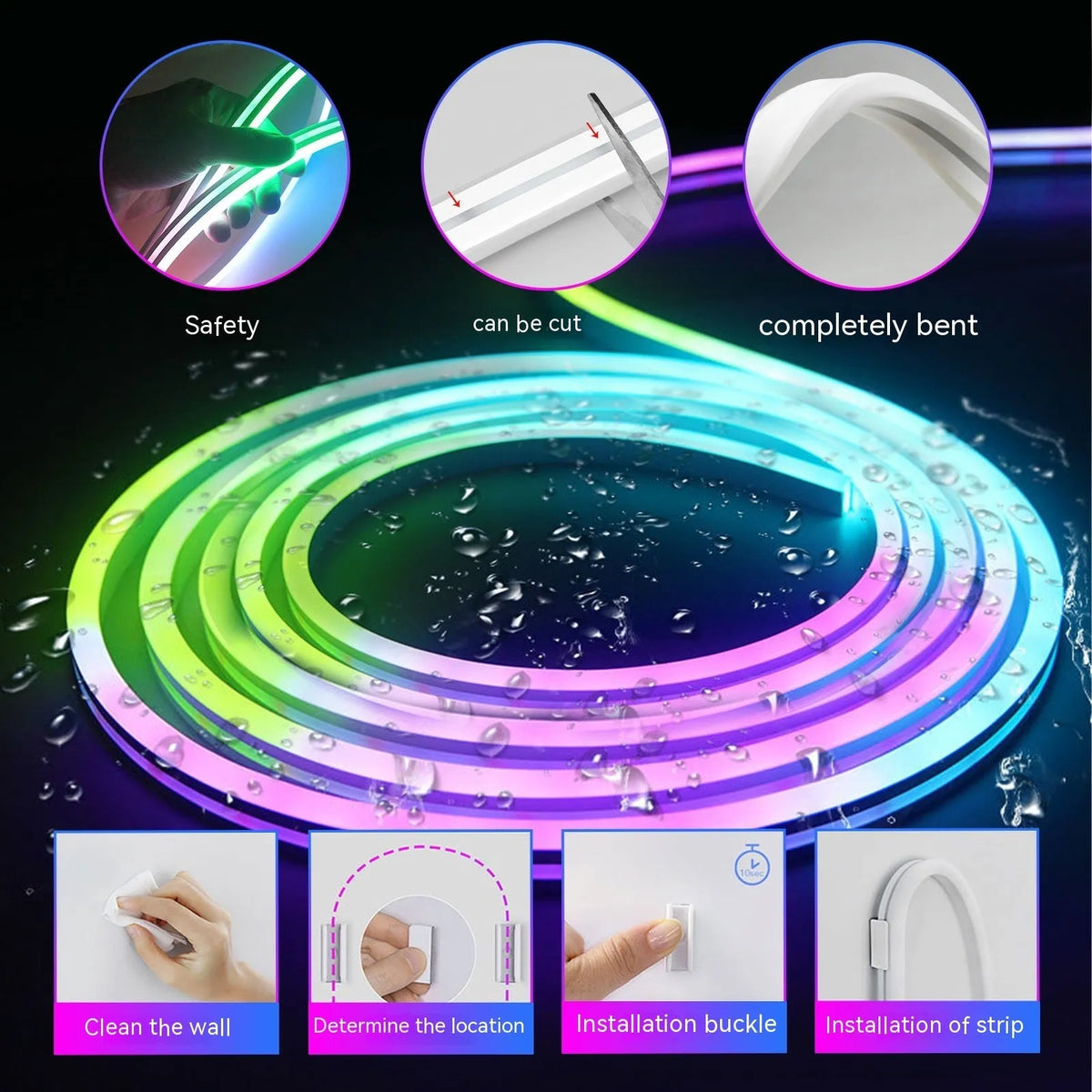 Colour changing LED neon strip light with 3535 beads, 60 LEDs per metre, 10W per metre, 215mm x 55mm