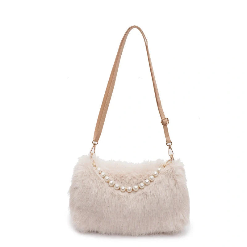 Autumn and winter plush pearl chain crossbody bag for women in various colours