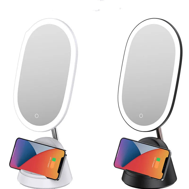 White desk lamp with integrated rectangular makeup mirror and UK plug on a wooden table.