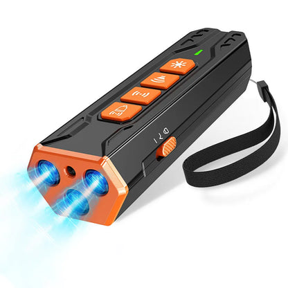 Handheld grey and orange ultrasonic dog trainer with three heads and a remote control.